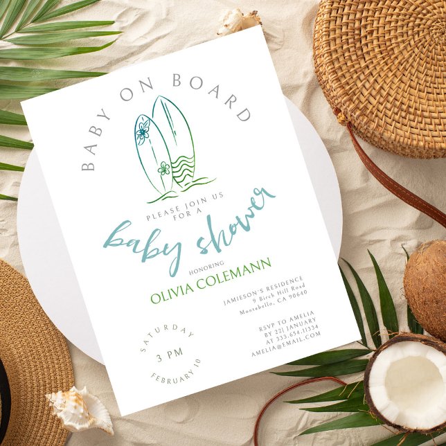 Baby on Board Watercolor Surfboard Baby Shower Postcard (Creator Uploaded)