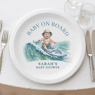 Baby on Board Watercolor Surfing Baby Shower Paper Plates