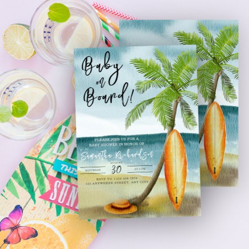 Baby on Board Watercolor surfing beach baby shower Invitation