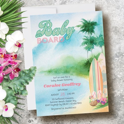 Baby on Board Watercolor Surfing Beach Baby Shower Invitation