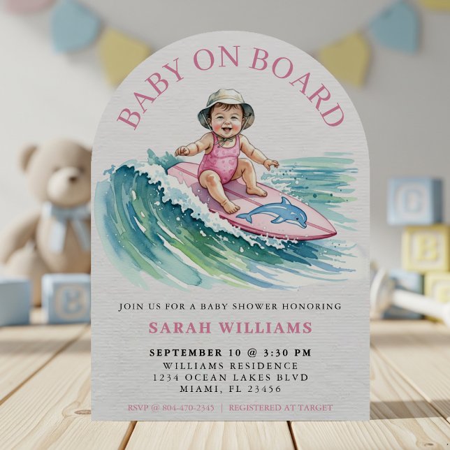 Baby on Board Watercolor Surfing Girl Baby Shower Invitation (Baby on Board Watercolor Surfing Girl Baby Shower Invitation
)