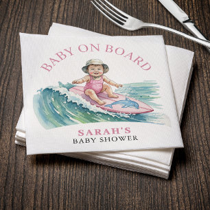 Baby on Board Watercolor Surfing Girl Baby Shower Napkins