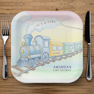 Baby on Board Watercolor Train Baby Shower Paper Plates
