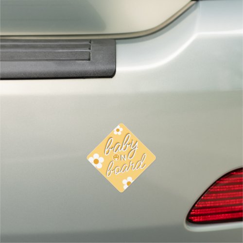 Baby On Board Yellow Retro Daisy Safety Car Magnet