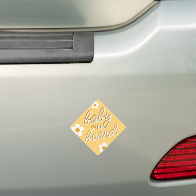 Baby On Board Yellow Retro Daisy Safety Car Magnet (In Situ)