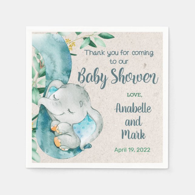 Baby on elephant trunk boy baby shower napkins. napkins (Front)