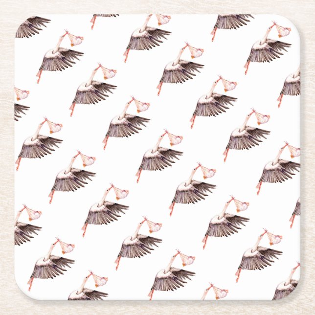 Baby on Stork Square Paper Coaster (Front)