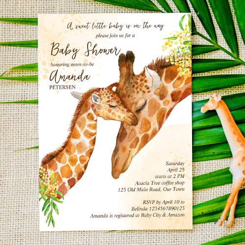 Baby on the way baby giraffe and mom baby shower invitation