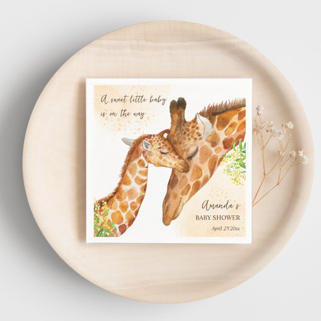 Baby on the way baby giraffe and mom baby shower napkins (Giraffe baby shower customized napkins Baby on the way cute baby giraffe and mom printed napkins)