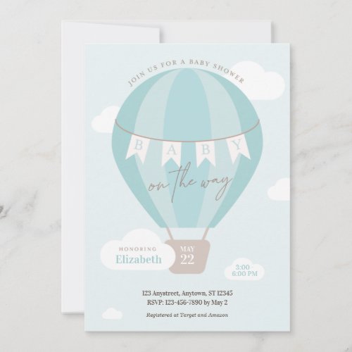 Baby on the Way Blue Hot Air Balloon Clouds Shower Invitation