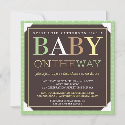 Baby On the Way Modern Green &amp; Brown Baby Shower Invites