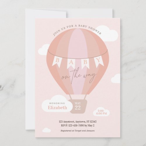 Baby on the Way Pink Hot Air Balloon Clouds Shower Invitation