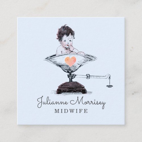 Baby On Weighing Scale Midwife Doula Blue Square Business Card