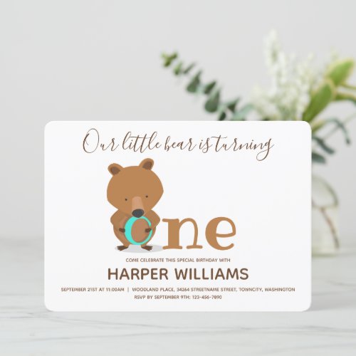 Baby One Bear 1st Birthday Invitation