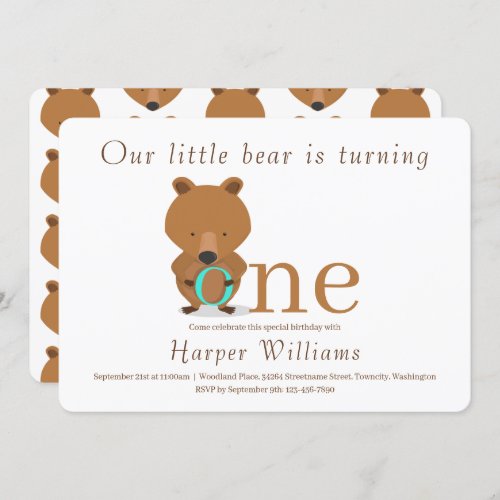 Baby One Bear First Birthday Invitation