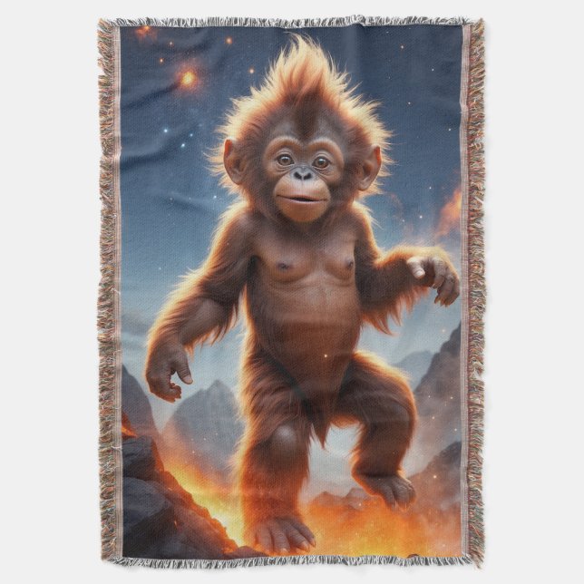 Baby Orangutan and Volcano Throw Blanket (Front Vertical)