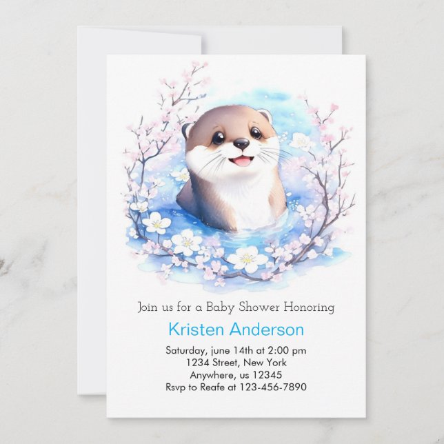Baby Otter Blue Wildflowers Boy Baby Shower Invitation (Front)