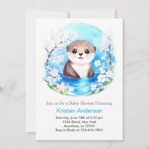 Baby Otter Blue Wildflowers Boy Baby Shower Invitation