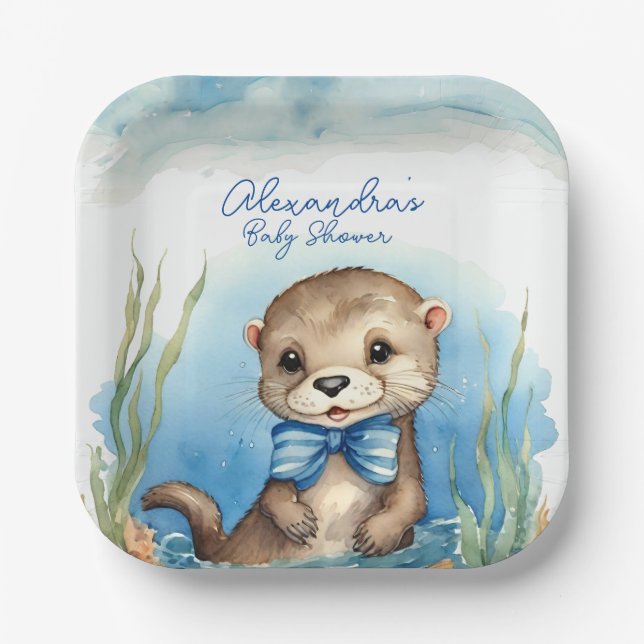 Baby Otter Boy Baby Shower Paper Plates (Front)