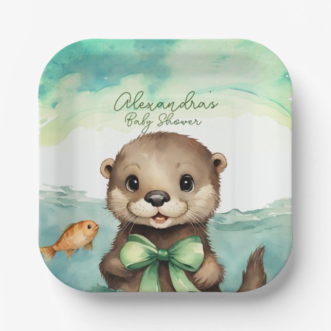 Baby Otter Gender Neutral Baby Shower Paper Plates (Front)