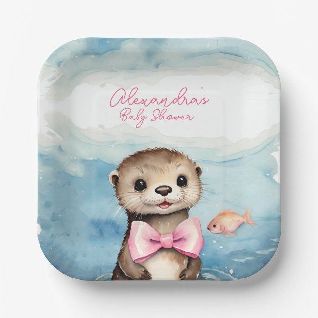 Baby Otter Girl Baby Shower Paper Plates (Front)