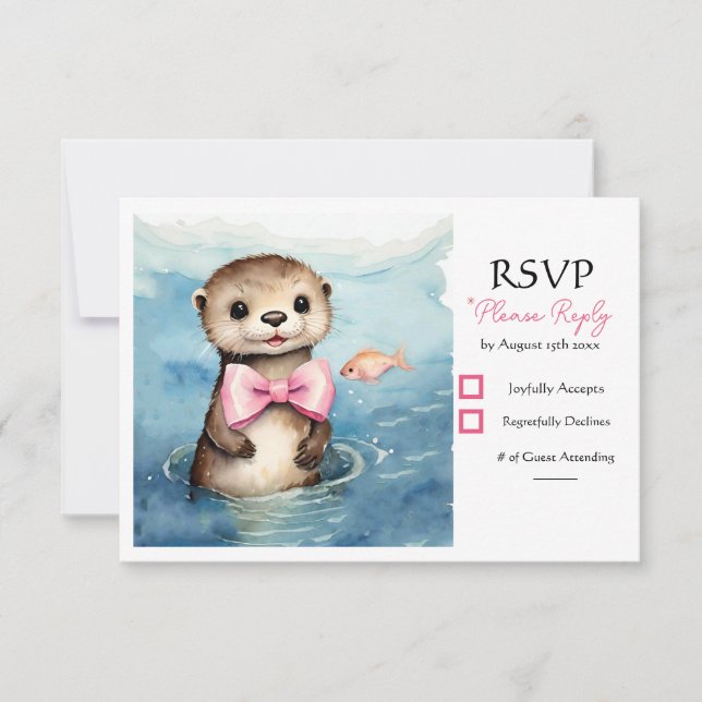 Baby Otter Girl Birthday Party RSVP Card (Front)