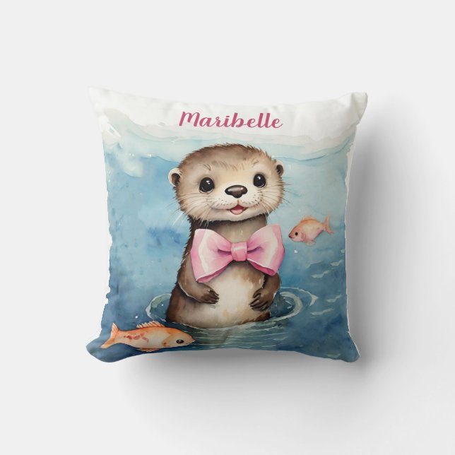 Baby Otter Girls Personalized  Throw Pillow (Front)