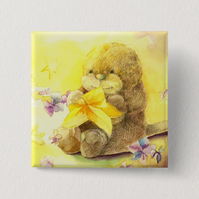 Baby Otter Holding a Starfish Pinback Button (Front)