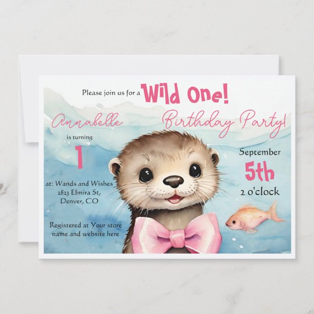 Baby Otter Wild One Girl Birthday Invitation (Front)