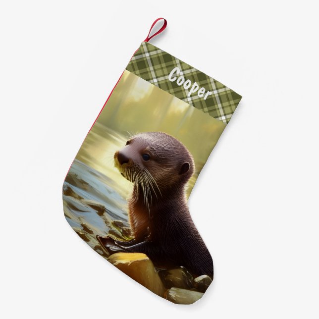 Baby Otter Wildlife Portrait Personalized  Small Christmas Stocking (Front (Hanging))