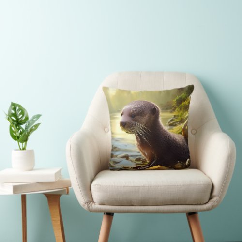 Baby Otter Wildlife Portrait  Throw Pillow
