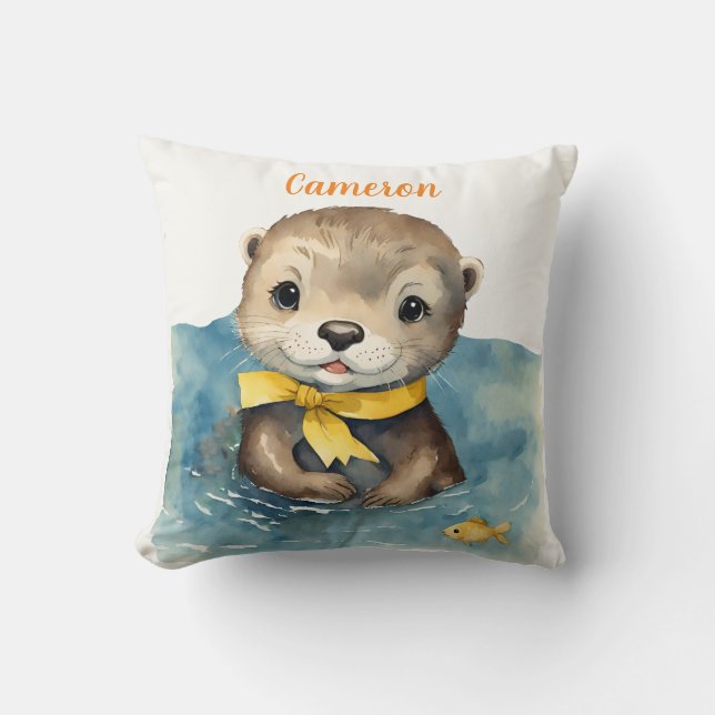 Baby Otter Yellow Bow Personalized Neutral Throw Pillow (Front)