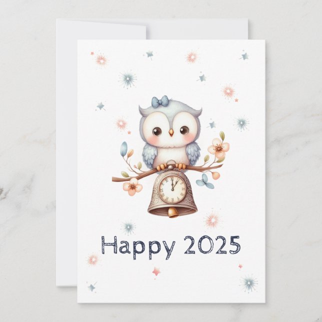 Baby owl announcing new year holiday card (Front)