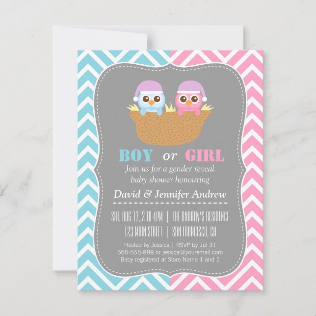 Baby Owl Blue or Pink Gender Reveal Party Invitation (Front)
