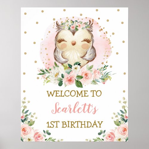 Baby Owl Blush Gold Pink Floral Birthday Welcome Poster