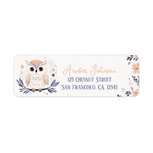Baby Owl Boho Peach Lavender Floral Design -  Label