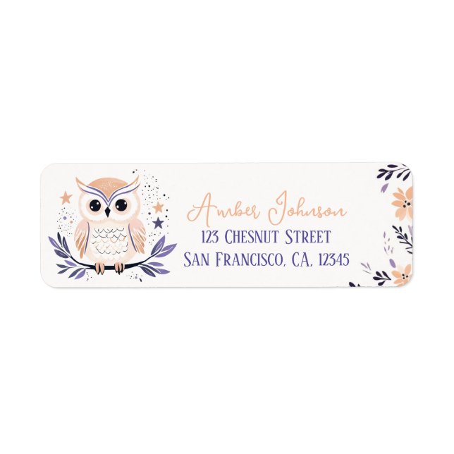 Baby Owl Boho Peach Lavender Floral Design -  Label (Front)