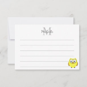 Baby Owl Cartoon Lined Monogram Personalized  Note Card