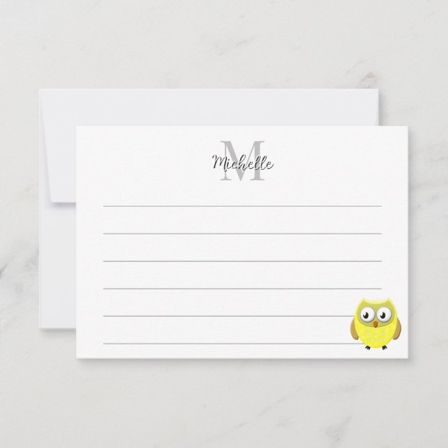 Baby Owl Cartoon Lined Monogram Personalized  Note Card (Front)