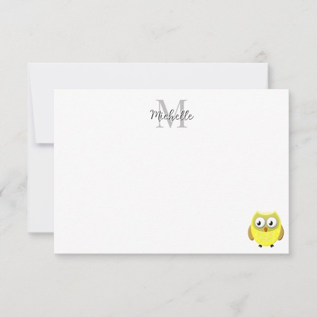 Baby Owl Cartoon Monogram Personalized  Note Card (Front)