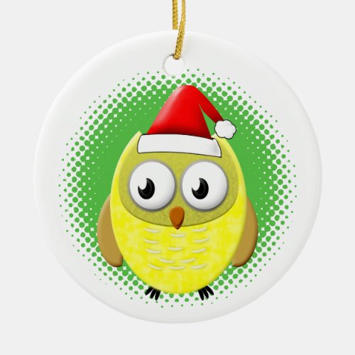 Baby Owl Cartoon Santas Hat Ceramic Ornament
