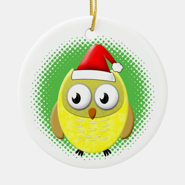 Baby Owl Cartoon Santas Hat Ceramic Ornament (Front)