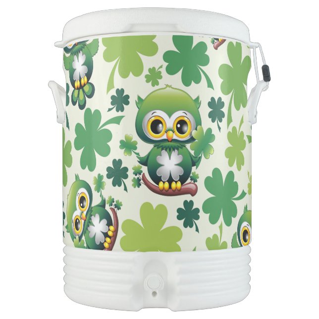 Baby Owl Cute St Patrick Cartoon Beverage Cooler (Front)