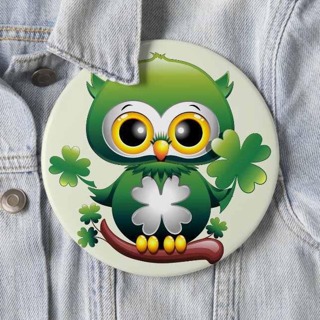 Baby Owl Cute St Patrick Cartoon Button (In Situ)