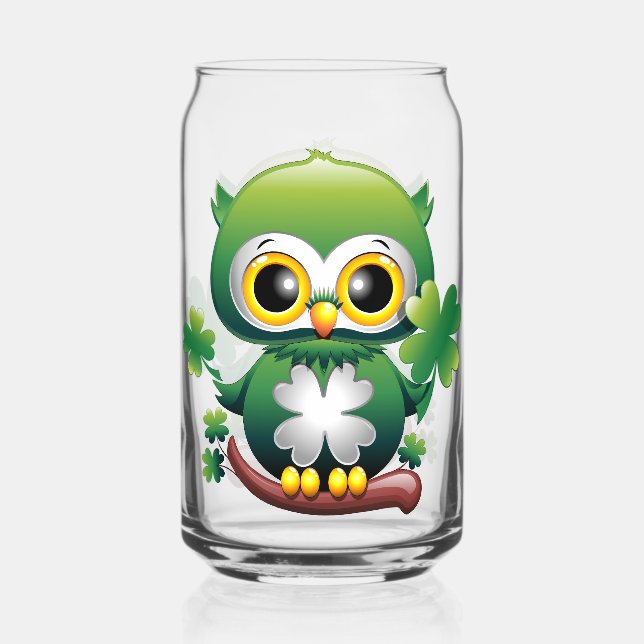 Baby Owl Cute St Patrick Cartoon Can Glass (Front)