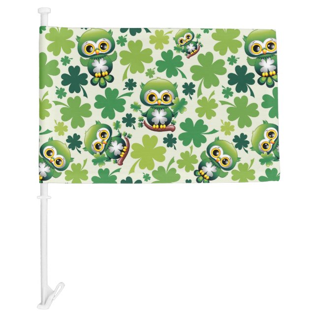 Baby Owl Cute St Patrick Cartoon Car Flag (Front)
