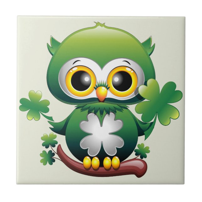 Baby Owl Cute St Patrick Cartoon Ceramic Tile (Front)