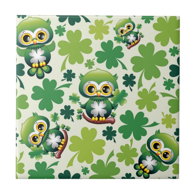 Baby Owl Cute St Patrick Cartoon Ceramic Tile (Front)