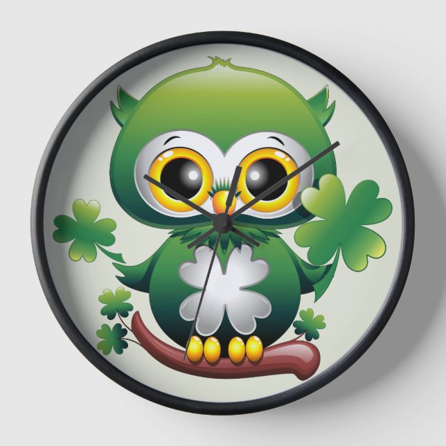 Baby Owl Cute St Patrick Cartoon Clock (Front)