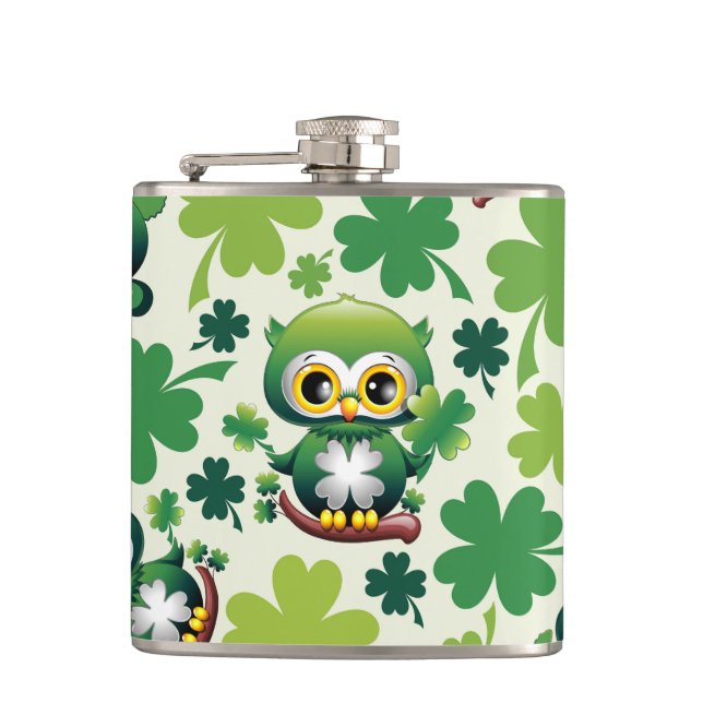 Baby Owl Cute St Patrick Cartoon Flask (Front)